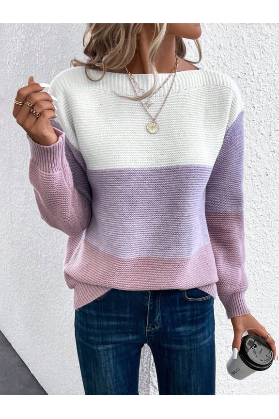 Womens Long Sleeve Sweater Crew Neck Casual Loose Knit Multicolor Top Purple L