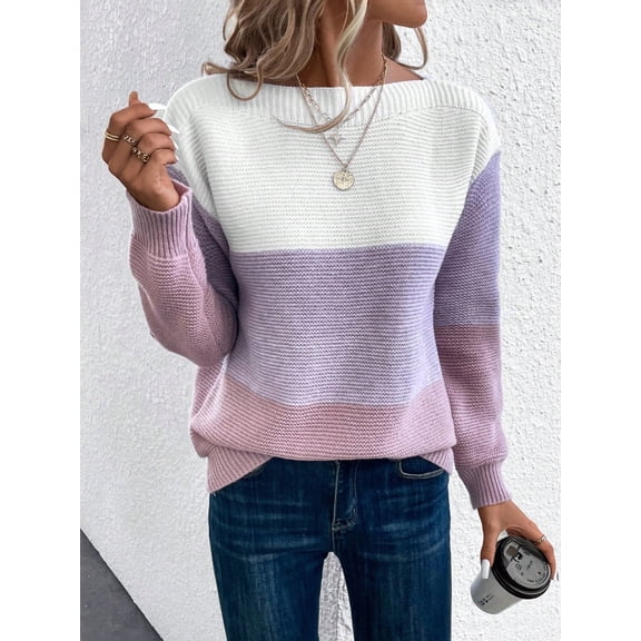 Womens Long Sleeve Sweater Crew Neck Casual Loose Knit Multicolor Top Purple M