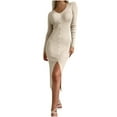 thumbnail image 1 of Womens Long Sleeve Sweater Dress 2025 Fall V Neck Button Slit Bodycon Dresses Ribbed Knit Slim Fit Maxi Dresses, 1 of 7