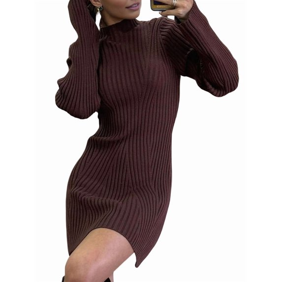Womens Long Sleeve Sweater Dress Bodycon Crew Neck Fall Slimming Knit Mini Dresses Brown L