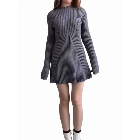 Womens Long Sleeve Sweater Dress Bodycon Crew Neck Fall Slimming Knit Mini Dresses Gray L