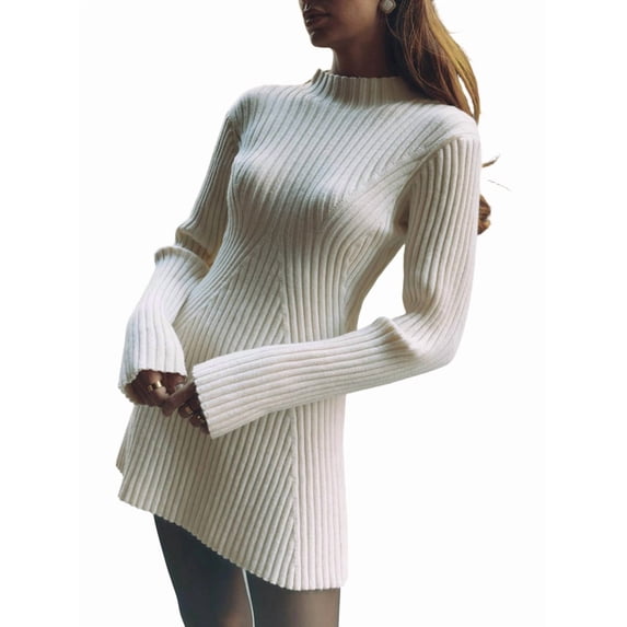 Womens Long Sleeve Sweater Dress Bodycon Crew Neck Fall Slimming Knit Mini Dresses White L