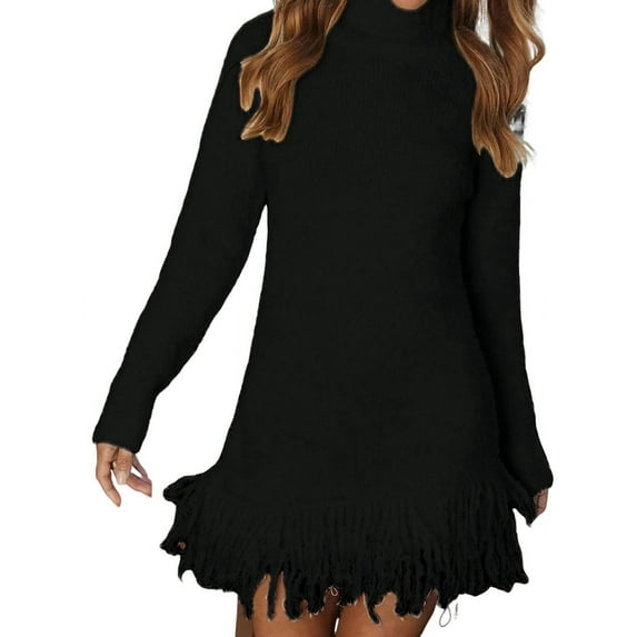 Womens Long Sleeve Sweater Dress Casual Ribbed Knit Pullover Tassel Fall Short Dresses Black L