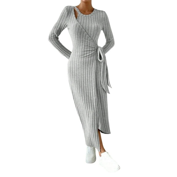 Womens Long Sleeve Sweater Dress Crew Neck Slim Fit Slit Tie Ribbed Knit Bodycon Midi Dress Fall Outfits Gray XL