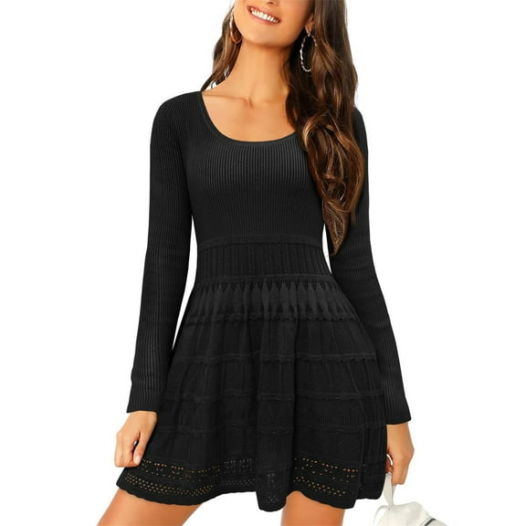 Womens Long Sleeve Sweater Dress Knit Crochet Casual A Line Flowy Skater Mini Dresses