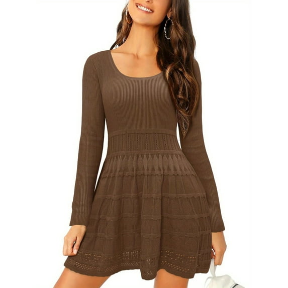 Womens Long Sleeve Sweater Dress Knit Crochet Casual A Line Flowy Skater Mini Dresses