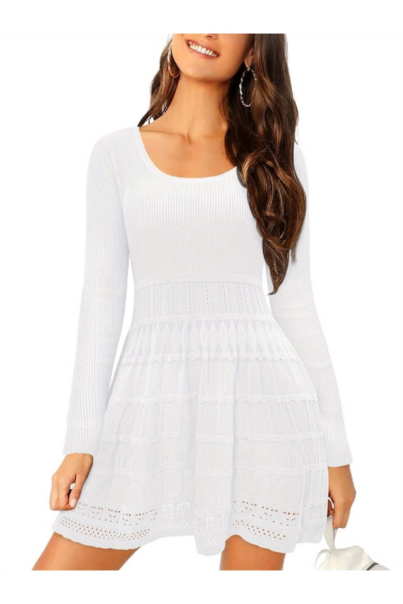 Womens Long Sleeve Sweater Dress Knit Crochet Casual A Line Flowy Skater Mini Dresses