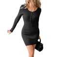 thumbnail image 1 of Womens Long Sleeve Sweater Dress V Neck Bodycon Mini Fall Dresses Trendy Ribbed Ladies Winter Sweater Black S, 1 of 5