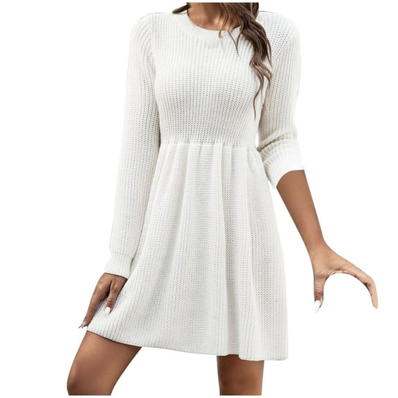 Womens Long Sleeve Sweater Dresses Crew Neck Casual Solid Color Fall Winter Knit Dress