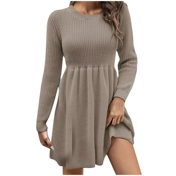 Womens Long Sleeve Sweater Dresses Crew Neck Casual Solid Color Fall Winter Knit Dress