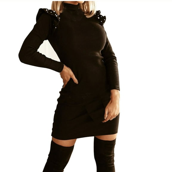 Womens Long Sleeve Sweater Dresses Solid Color Slim Nail Beaded Sweater Dress Round Neck Sweater Dress