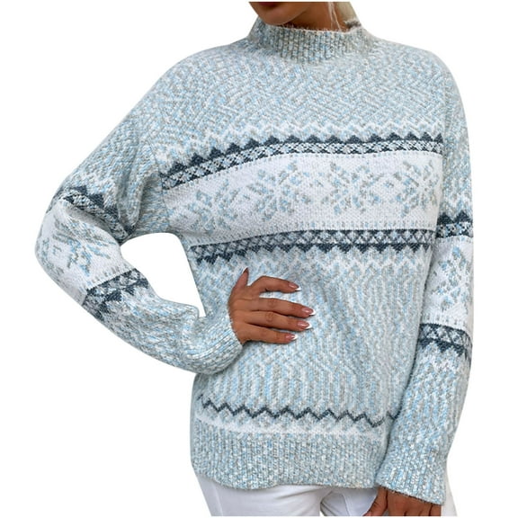 Womens Long Sleeve Sweater Ladies Christmas Sweaters Mock Neck Casual Holiday Xmas Knitted Pullover Graphic Tops Blue, M