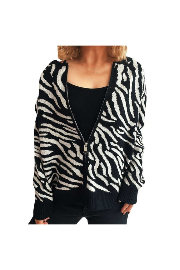 Womens Long Sleeve Sweater Leopard Print Fall Casual Zip Up Sweater Jackets Knit Outerwear