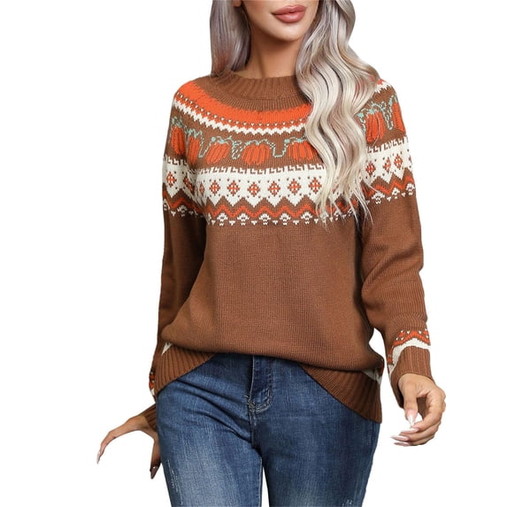 Halloween Womens Long Sleeve Sweater Pumpkin Pattern Long Sleeve Knit Sweater Crewneck Casual Pullover Top for Fall Pullover Sweaters for Women