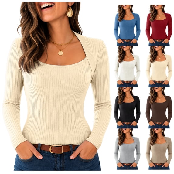 Womens Long Sleeve Sweater Square Neck Tops Slim Fit Ribbed Knit Pullover Solid Color Casual Fashion Ribbed Tops