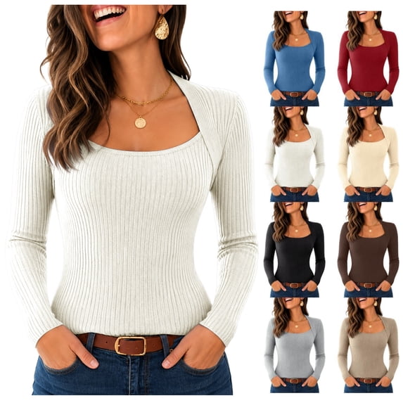 Womens Long Sleeve Sweater Square Neck Tops Slim Fit Ribbed Knit Pullover Solid Color Casual Fashion Ribbed Tops