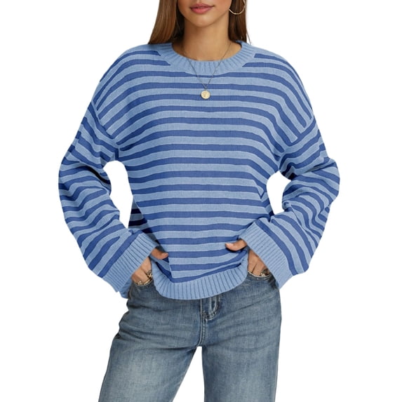 Womens Long Sleeve Sweater Striped Oversized Sweaters Casual Crewneck Knit Tops Light Blue S