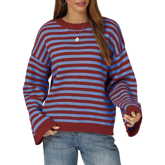 Womens Long Sleeve Sweater Striped Oversized Sweaters Casual Crewneck Knit Tops Red L