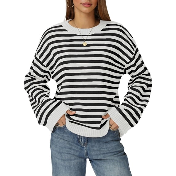 Womens Long Sleeve Sweater Striped Oversized Sweaters Casual Crewneck Knit Tops White XL