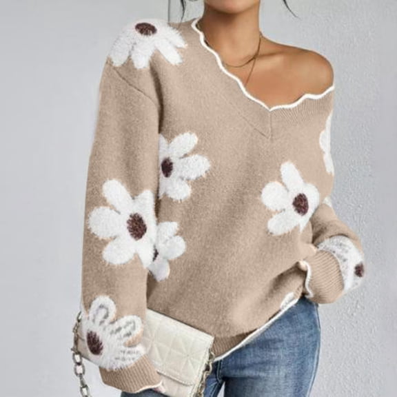 Womens Long Sleeve Sweater Trendy V Neck Floral Printed Knit Pullover Tops Casual Cute Loose Fit Fall Clothes Camel XL
