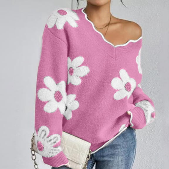 Womens Long Sleeve Sweater Trendy V Neck Floral Printed Knit Pullover Tops Casual Cute Loose Fit Fall Clothes Pink XL