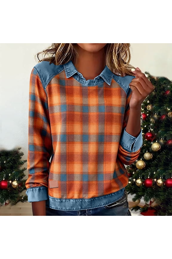Womens Long Sleeve Sweaters 2 in 1 Denim Lapel Collar Plaid Pullover Casual Tops Color Block Fall Winter Jumper Orange XXL