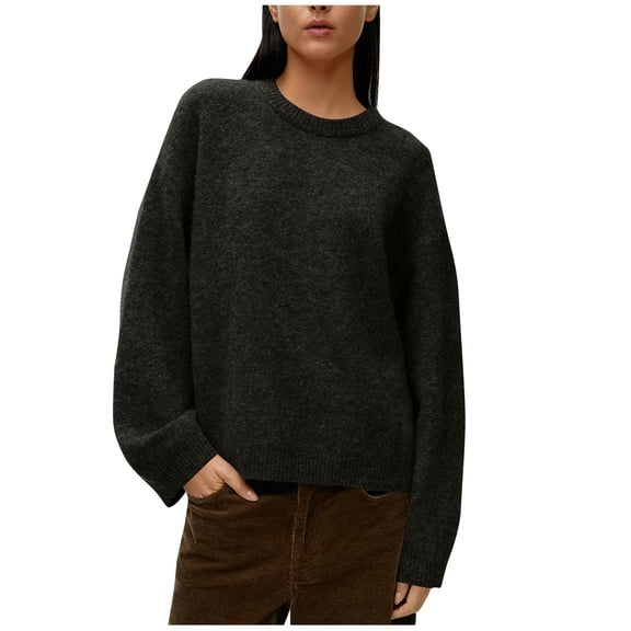 Womens Long Sleeve Sweaters Fall Classic Crewneck Casual Sweater Soft Knit Jumpers Pullover Basic Tops Dark Gray, S