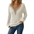 thumbnail image 1 of Womens Long Sleeve Sweaters Fall Trendy Lace V Neck Knit Drop Shoulder Pullover Sweater Jumper Tops Milky XL, 1 of 9