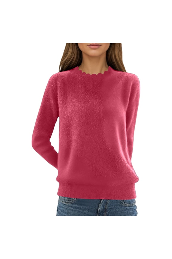 Womens Long Sleeve Sweaters Loose Scalloped Knit Soft Dressy Pullover Tops Color: Watermelon Red Size: XXXS