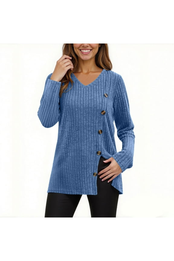 Womens Long Sleeve Sweaters V Neck Side Split Button Tunic Tops for Womens Fall Fashion Sweaters Trendy 2025