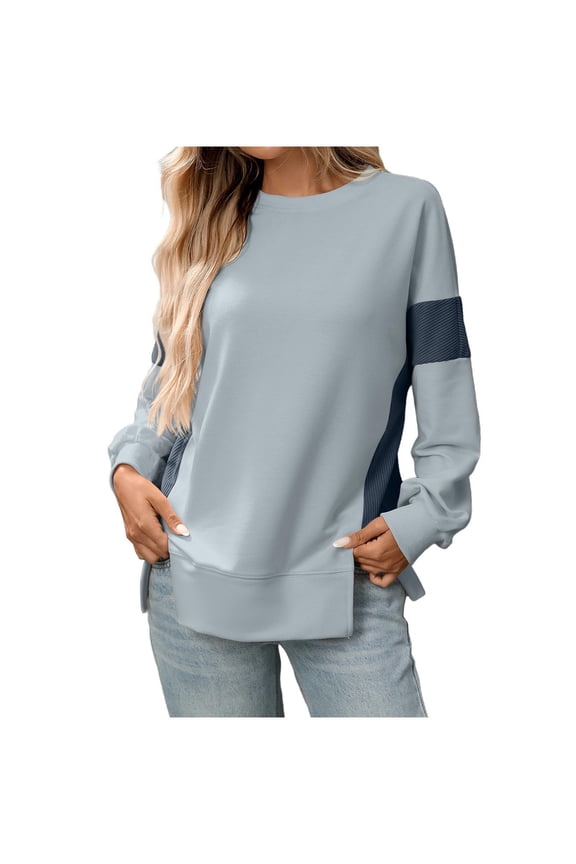Womens Long Sleeve Sweatshirt Casual Crewneck Side Split Contrast Color Oversized Fall Fashion Pullover Tops 2025