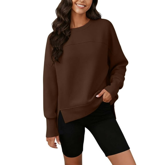Womens Long Sleeve Sweatshirt Crewneck Side Split Oversized Pullover Tops Coffee L