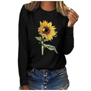 Womens Long Sleeve Sweatshirt Sunflower Printed Pullover Tops Casual Teen Girls Oversized Crew Neck Top Shirts