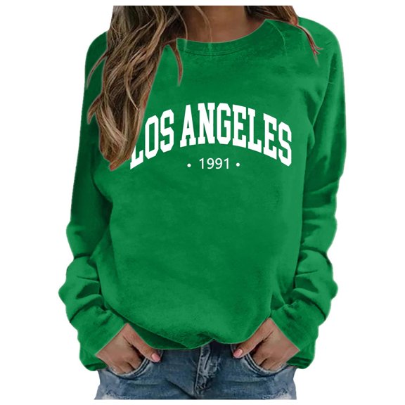 Womens Long Sleeve Sweatshirts 2025 Y2k Los Angeles Letter Print Crew Neck Blouses Fall Winter Trendy Casual Loose Fit Tunics
