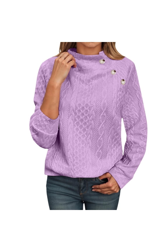 Womens Long Sleeve Sweatshirts Button Neck Textured Quilted Pullover Tops 2025 Fall Trendy Relaxed Fit Blouses