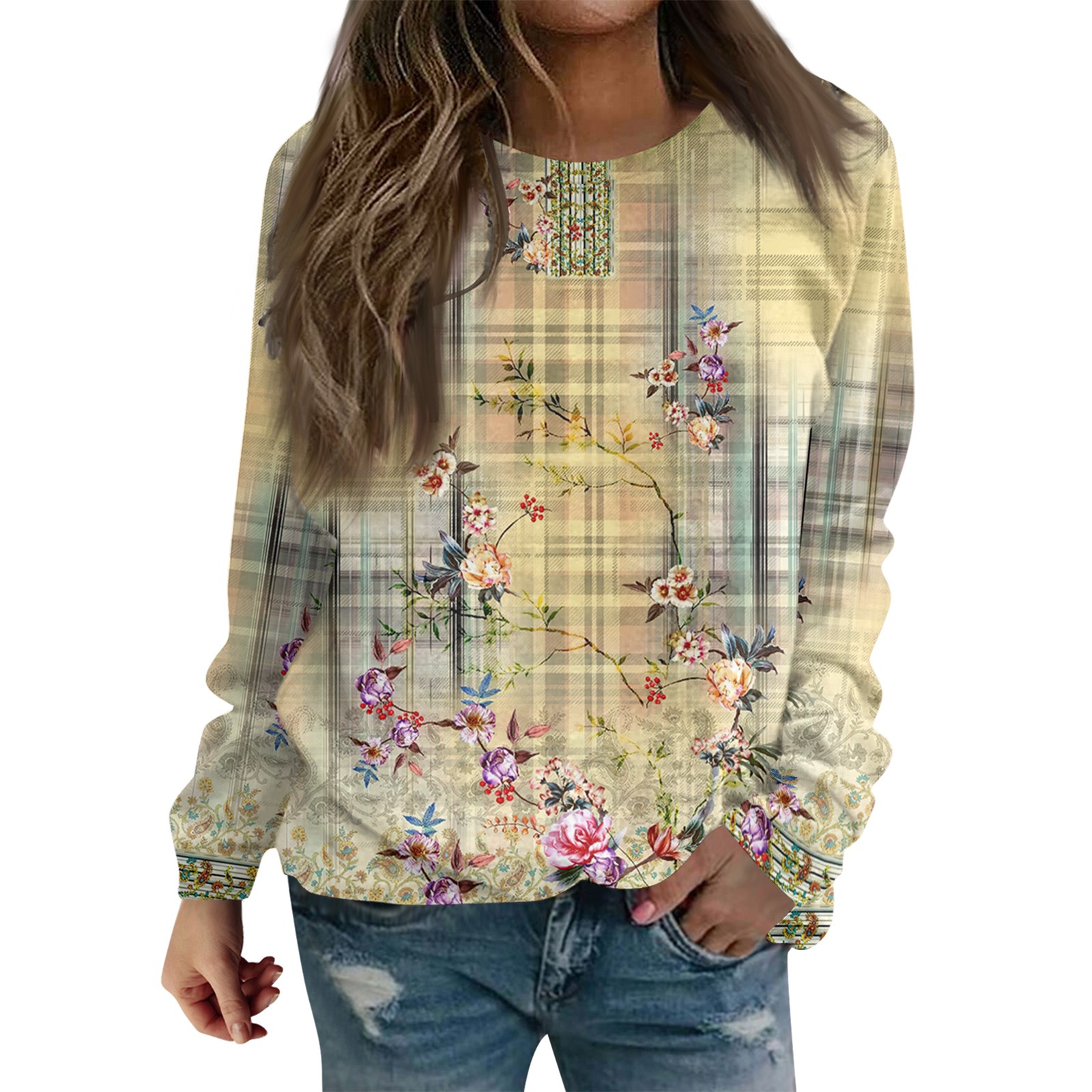 Womens Long Sleeve Sweatshirts Floral Print Oversized Pullover Tops