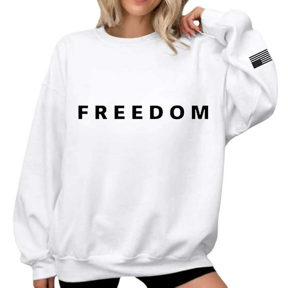 Womens Long Sleeve Sweatshirts Patriotic Freedom Letter Graphic Round Neck Pullover Blouses Fall Winter Comfy Relaxed Fit Tops