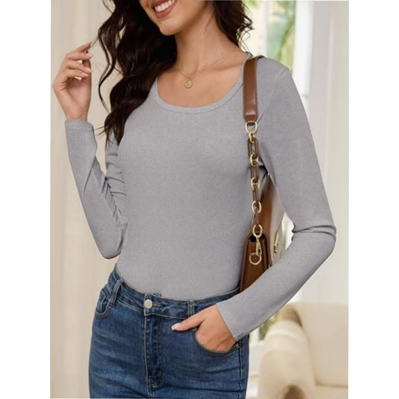 Womens Long Sleeve T Shirt Scoop Neck Shirts Skinny Fitted Casual Basic Tops