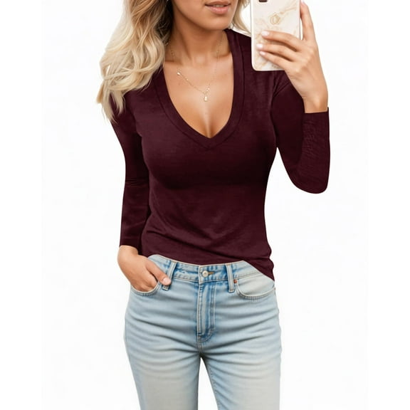 Womens Long Sleeve T Shirt Tops Deep V Neck Shirts Casual Slim Fit Basic T-Shirt Tee