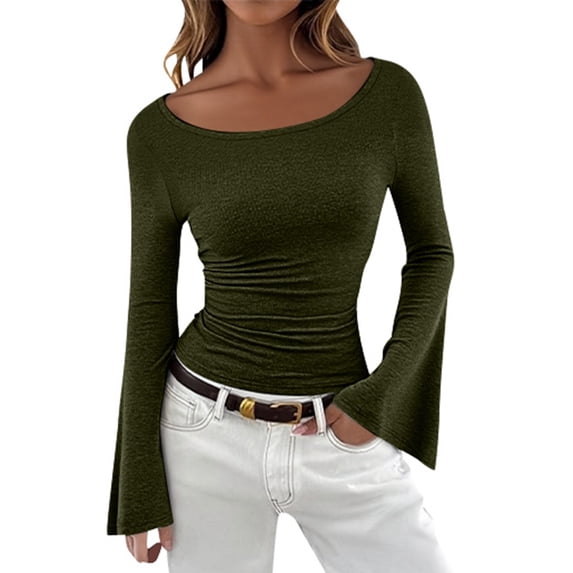 Womens Long Sleeve T Shirts 2025 Fall Crop Going Out Tops Casual Boat Neck Bell Sleeve Ribbed Ruched Y2K Clothes