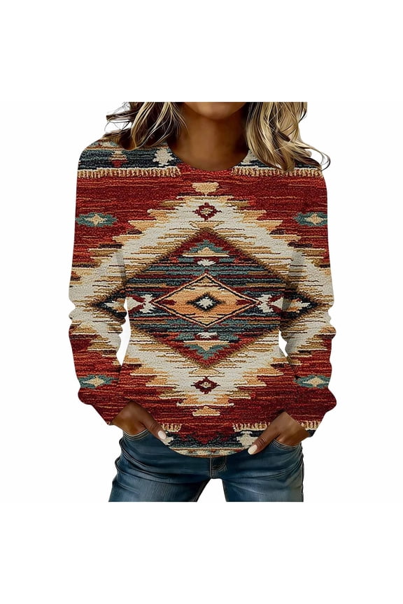 Womens Long Sleeve T Shirts Aztec Cow Print Crew Neck Tops Ladies Graphic Tees Casual Loose Fit Top