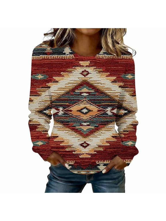 Womens Long Sleeve T Shirts Aztec Cow Print Crew Neck Tops Ladies Graphic Tees Casual Loose Fit Top