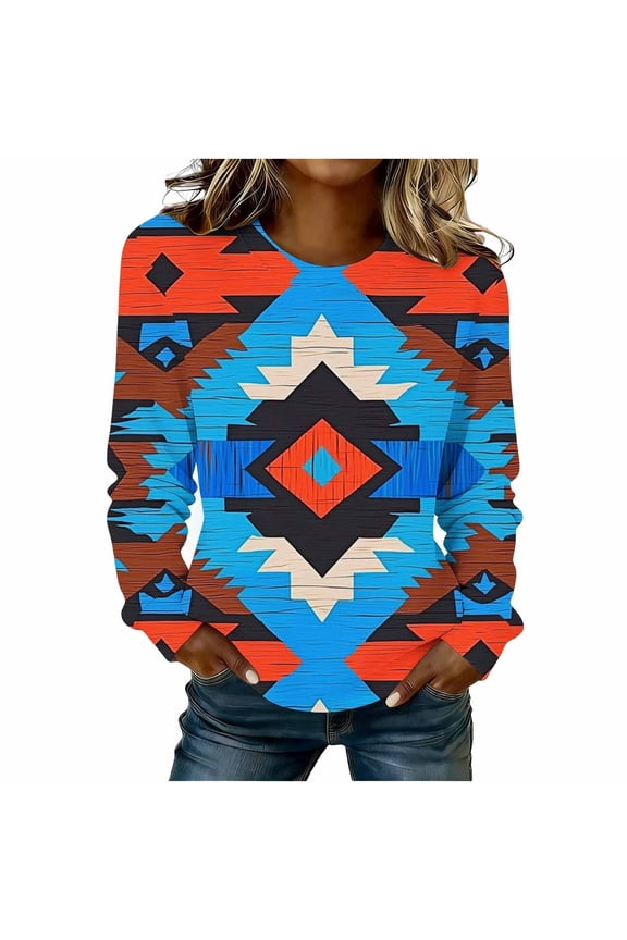 Womens Long Sleeve T Shirts Aztec Cow Print Crew Neck Tops Ladies Graphic Tees Casual Loose Fit Top