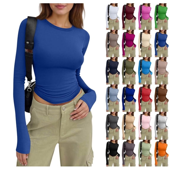 Womens Long Sleeve T-Shirts Basic Crop Tops 2025 Fall Fashion Shirts Going Out Winter Clothes Blue M