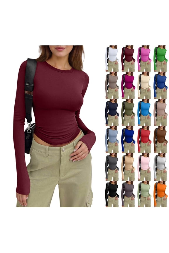 Womens Long Sleeve T-Shirts Basic Crop Tops 2025 Fall Fashion Shirts Going Out Winter Clothes Wine XS
