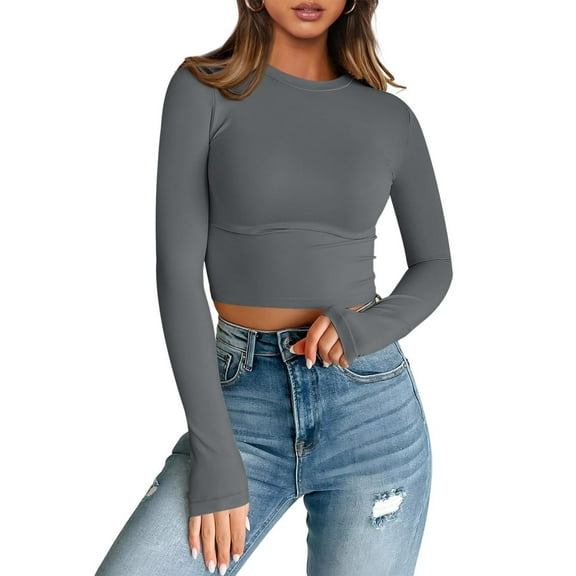 Womens Long Sleeve T Shirts Basic Scoop Neck Crop Tops Casual Slim Fitted Clothes Thermal Tee