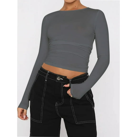 Womens Long Sleeve T Shirts Basic Scoop Neck Crop Tops Casual Slim Fitted Clothes Thermal Tee