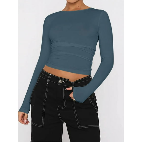 Womens Long Sleeve T Shirts Basic Scoop Neck Crop Tops Casual Slim Fitted Clothes Thermal Tee