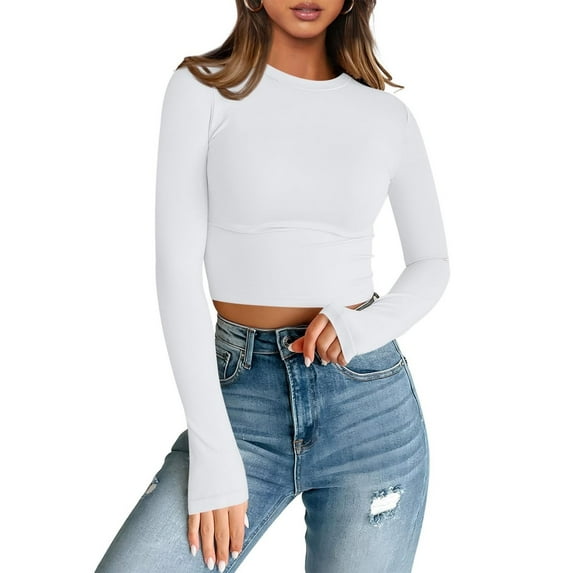 Womens Long Sleeve T Shirts Basic Scoop Neck Crop Tops Casual Slim Fitted Clothes Thermal Tee