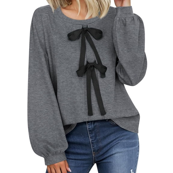 Womens Long Sleeve T Shirts Blouse Bow Tie Round Neck Casual Loose Fit Top Spring Fall Feminine Shirt Grey M